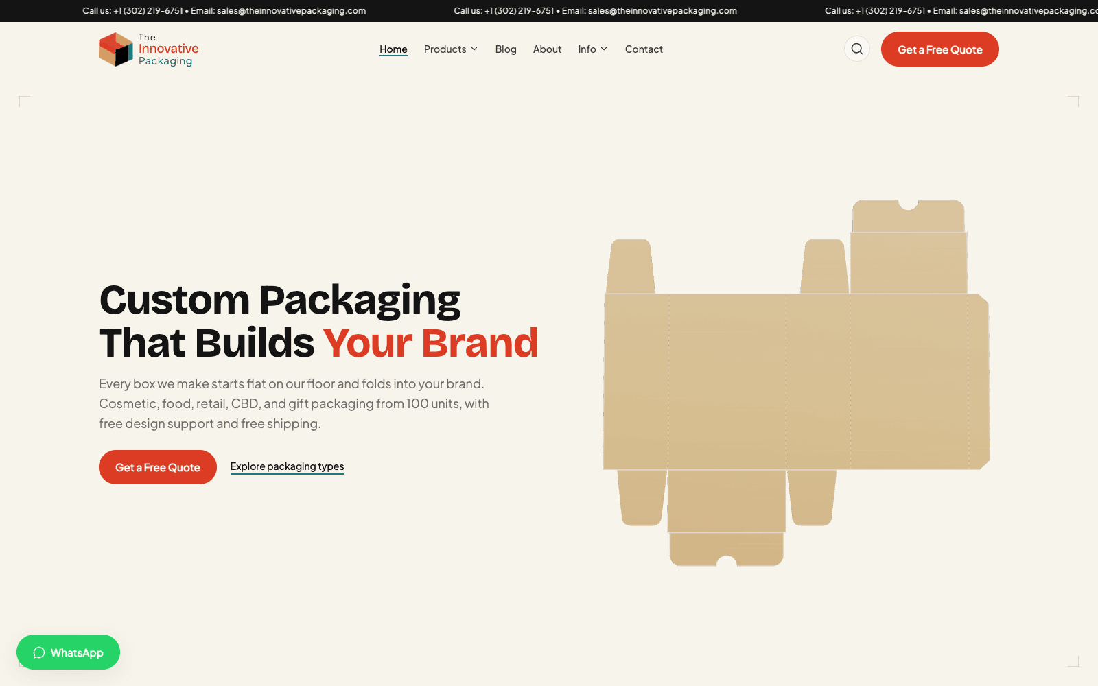 The Innovative Packaging home page: the headline Custom Packaging That Builds Your Brand beside an unfolded box dieline